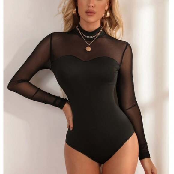 Black Long Sleeve Slim Fit Shirt Top Sheer Mesh Insert - Picture 1 of 7